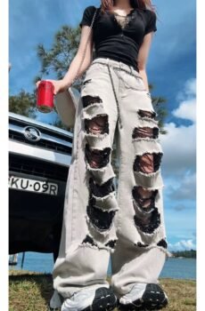American street ripped jeans for women summer thin style, high waist loose slimming straight wide leg pants